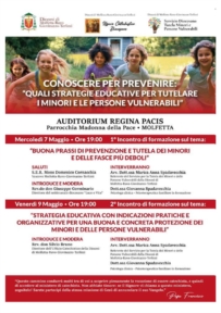 CONOSCERE PER PREVENIRE: QUALI STRATEGIE EDUCATIVE PER TUTELARE I MINORI E LE PERSONE VULNERABILI?.  IL TEMA CHE SAR TRATTATO IN DUE INCONTRI DI FORMAZIONE ORGANIZZATI DAL SERVIZIO DIOCESANO PER LA TUTELA DEI MINORI E DELLE PERSONE VULNERABILI