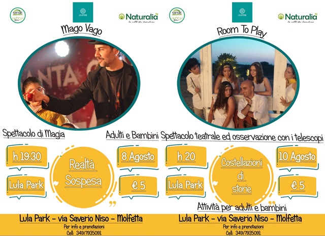 LASSOCIAZIONE LOCALE NATURALIA LA CITTA' DEI BAMBINI PRESENTA DUE APPUNTAMENTI PER MARTED 8 E GIOVED 10 AGOSTO