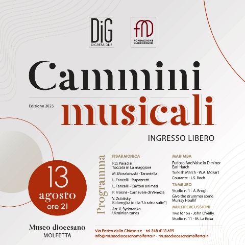 NUOVO APPUNTAMENTO CON CAMMINI MUSICALI AL MUSEO DIOCESANO DI MOLFETTA. DOMENICA 13 AGOSTO SI ESIBIRANNO I GIOVANI TALENTI IVAN HOMOLSKYI E  KATIA PERNA