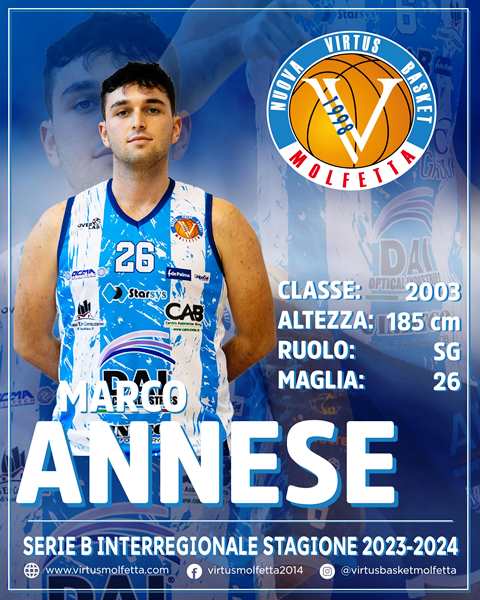 ALTRA CONFERMA PER LA VIRTUS BASKET MOLFETTA. RIMANE IN BIANCOAZZURRO MARCO ANNESE