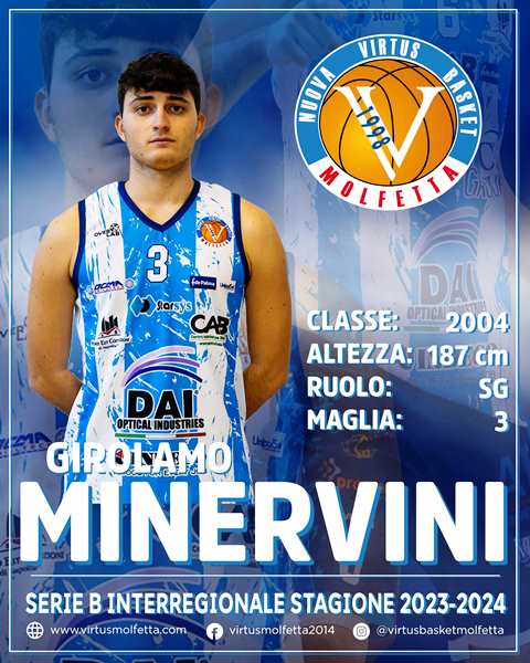 SI COMPLETA IL ROSTER DELLA VIRTUS BASKET MOLFETTA. IL GIOVANE GIROLAMO MINERVINI SAR A DISPOSIZIONE DELLO STAFF TECNICO BIANCOAZZURRO