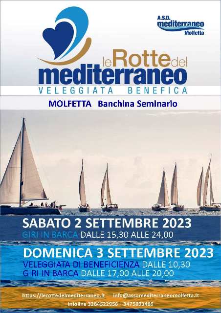 TORNA ANCHE QUESTANNO LA MANIFESTAZIONE DI BENEFICENZA LE ROTTE DEL MEDITERRANEO. IL 2 E 3 SETTEMBRE APPUNTAMENTO ALLA BANCHINA SEMINARIO A MOLFETTA