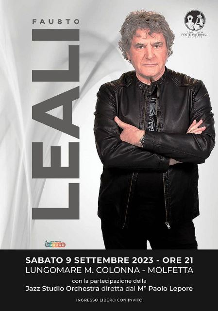 DA VENERD 1 SETTEMBRE SI POSSONO RITIRARE GLI INVITI PER IL CONCERTO DI FAUSTO LEALI DI SABATO 9 SETTEMBRE A MOLFETTA