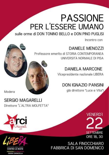 PASSIONE PER LESSERE UMANO, INCONTRO PUBBLICO SULLE ORME DI DON TONINO BELLO E DON PINO PUGLISI
