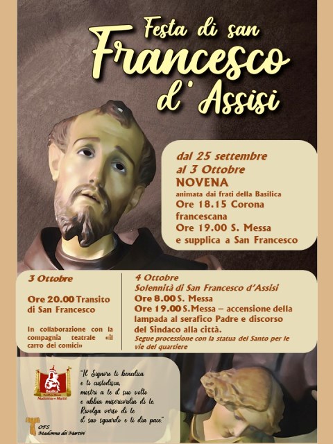 OGGI, LUNED 25 SETTEMBRE INIZIA PRESSO LA BASILICA DELLA MADONNA DEI MARTIRI LA NOVENA PER LA FESTA DI SAN FRANCESCO DASSISI