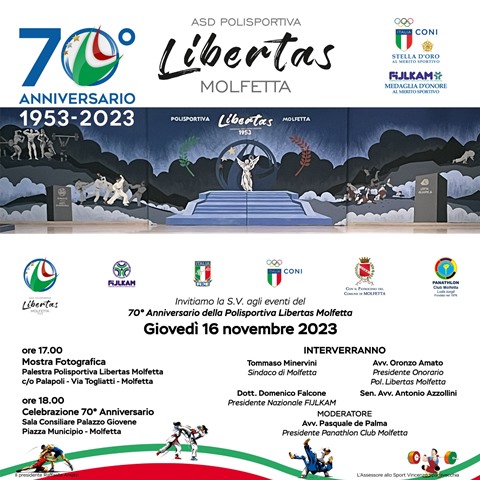 SI CELEBRA OGGI, GIOVED 16 NOVEMBRE, IL 70 ANNIVERSARIO DELLA FONDAZIONE DELLA POLISPORTIVA LIBERTAS MOLFETTA