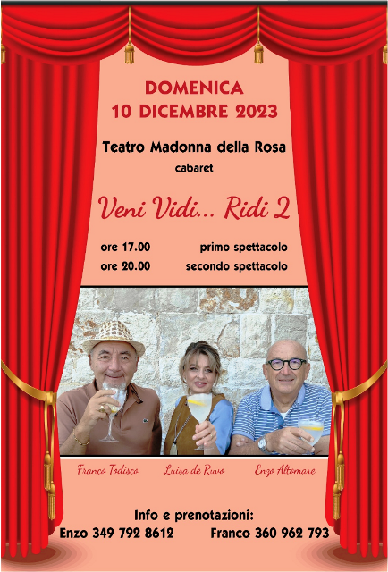VENI VIDI RIDI 2: DOPPIO SPETTACOLO DI CABARET DOMENICA 10 DICEMBRE PRESSO IL TEATRO MADONNA DELLA ROSA