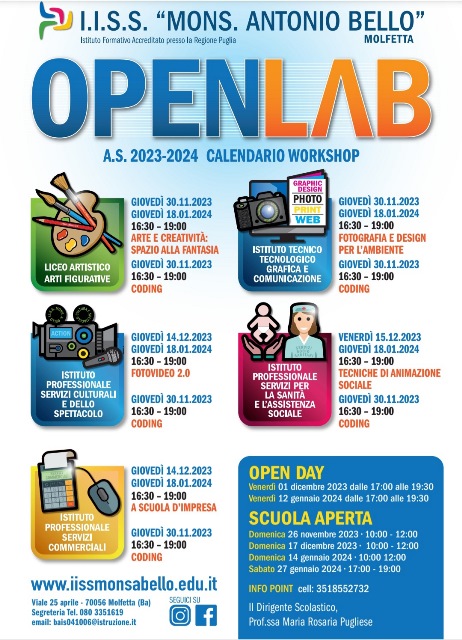 PRIMO OPEN DAY DELLISTITUTO MONS. A. BELLO DI MOLFETTA, VENERD 1 DICEMBRE, DALLE ORE 17:00 ALLE ORE 19:30