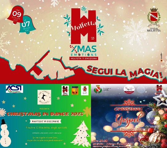 DUE APPUNTAMENTI, QUESTA SERA MARTED 19 DICEMBRE, PER GLI EVENTI NATALIZI DEL MOLFETTA XMAS EMOTIONS 2023