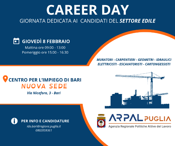 CAREER DAY PER IL SETTORE DELL'EDILIZIA. INIZIATIVA DEL CENTRO PER L'IMPIEGO DI BARI PER IL PROSSIMO GIOVEDI' 8 FEBBRAIO
