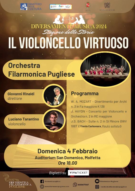 TORNA A MOLFETTA L'ORCHESTRA FILARMONICA PUGLIESE CON UN CONCERTO DEL VIRTUOSO VIOLONCELLISTA LUCIANO TARANTINO