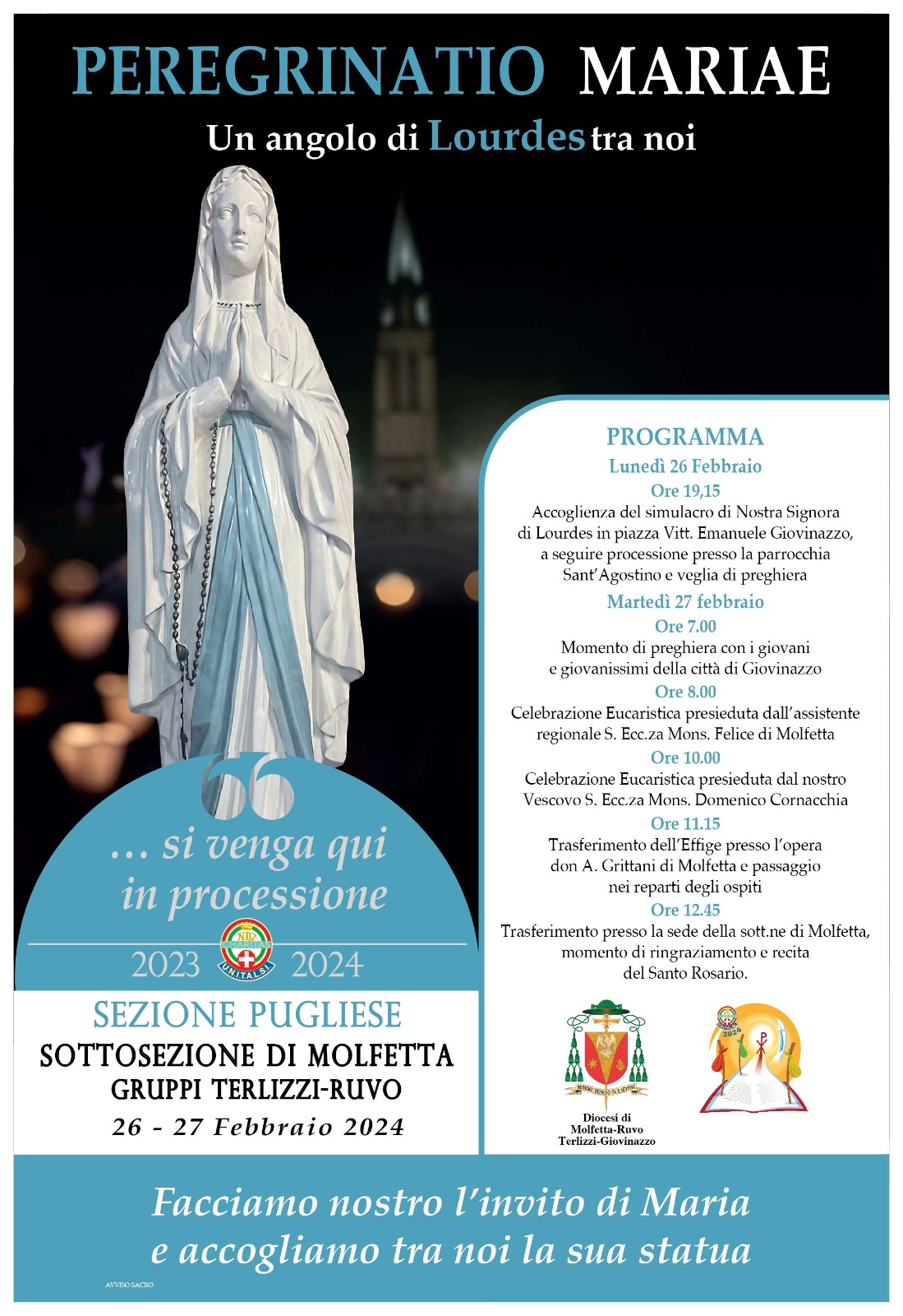IL SIMULACRO DELLA MADONNA DI LOURDES SOSTERA' A GIOVINAZZO E MOLFETTA IL 26 E 27 FEBBRAIO