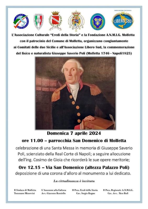 COMMEMORAZIONE DELLO SCIENZIATO MOLFETTESE GIUSEPPE SAVERIO POLI, DOMENICA 7 APRILE PRESSO LA CHIESA DI SAN DOMENICO