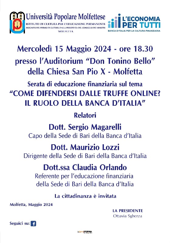 COME DIFENDERSI DALLE TRUFFE ONLINE? SE NE PARLER MERCOLED 15 MAGGIO NEL CORSO DI UN INCONTRO PUBBLICO ORGANIZZATO DALLUNIVERSIT POPOLARE MOLFETTESE