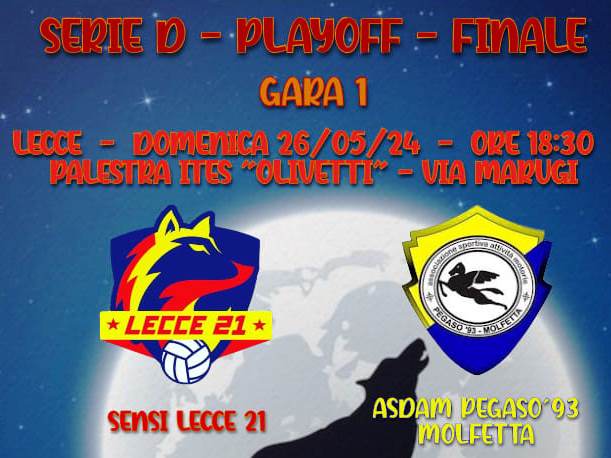 QUESTA SERA, DOMENICA 26 MAGGIO, SI GIOCA GARA 1 DELLA FINALE PLAYOFF DI PALLAVOLO FEMMINILE DI SERIE D. LASDAM PEGASO 93 MOLFETTA IMPEGNATA A LECCE