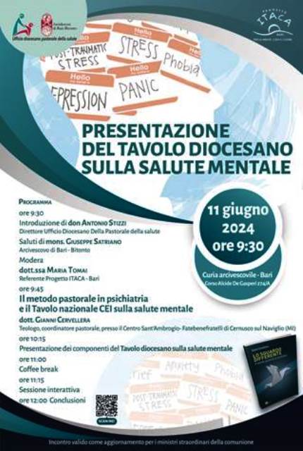 SAR PRESENTATO A BARI IL TAVOLO DIOCESANO SULLA SALUTE MENTALE SU INIZIATIVA DELLUFFICIO DI PASTORALE DELLA SALUTE DELLA DIOCESI DI BARI-BITONTO
