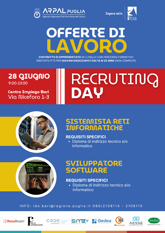 IL CENTRO PER LIMPIEGO DI BARI SELEZIONA CANDIDATI PER PERCORSI DI FORMAZIONE-LAVORO PER SVILUPPATORI SOFTWARE E SISTEMISTI RETI INFORMATICHE