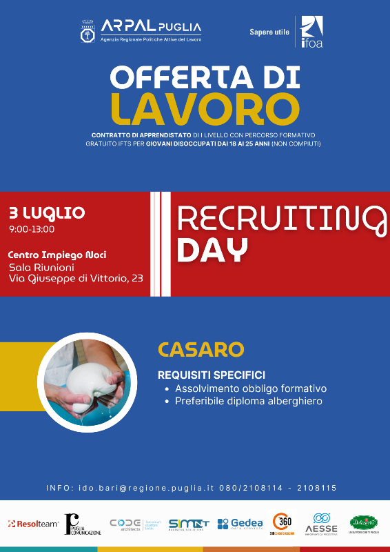 SI SELEZIONANO CANDIDATI DA INSERIRE IN UN PERCORSO DI FORMAZIONE-LAVORO PER APPRENDISTA CASARO PER UNA IMPORTANTE IMPRESA CASEARIA DEL TERRITORIO