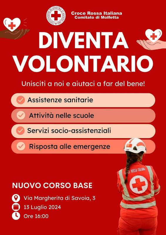 PARTIRA' A MOLFETTA, SABATO 13 LUGLIO, IL CORSO DI FORMAZIONE PER DIVENTARE VOLONTARI DELLA CROCE ROSSA ITALIANA
