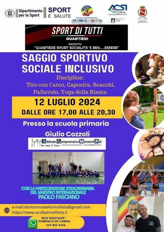 VENERD 12 LUGLIO PRESSO LA PALESTRA DELLA SCUOLA PRIMARIA COZZOLI A MOLFETTA SI TERR LA FESTA SAGGIO SPORTIVO SOCIALE INCLUSIVO