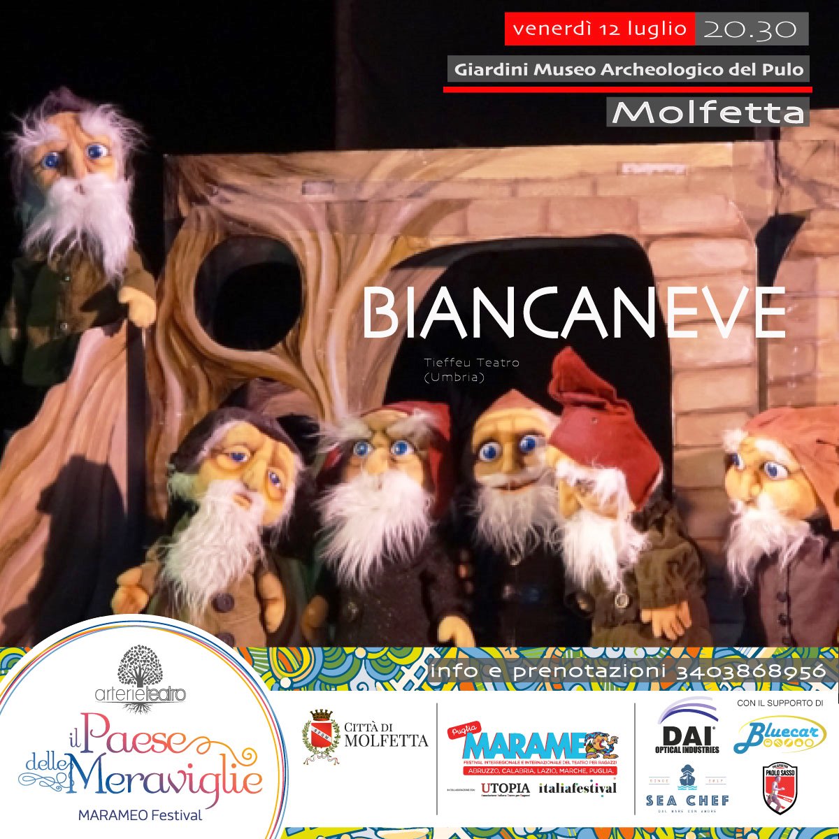 TIEFFEU TEATRO DI FIGURA UMBRO PORTER IN SCENA, VENERD 12 LUGLIO, BIANCANEVE, APPUNTAMENTO DEL FESTIVAL IL PAESE DELLE MERAVIGLIE  MARAMEO FESTIVAL