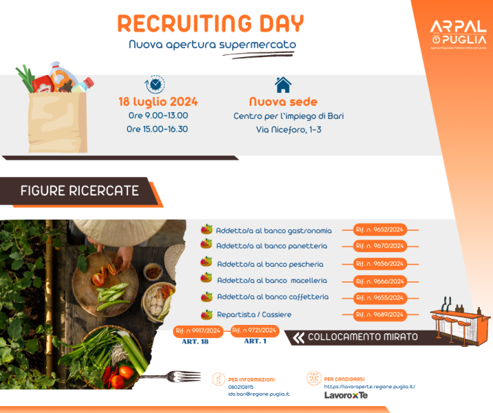 RECRUITING DAY AL CENTRO IMPIEGO BARI: SELEZIONE DI NUMEROSI PROFILI PER NUOVA APERTURA SUPERMERCATO INSEGNA LEADER GDO