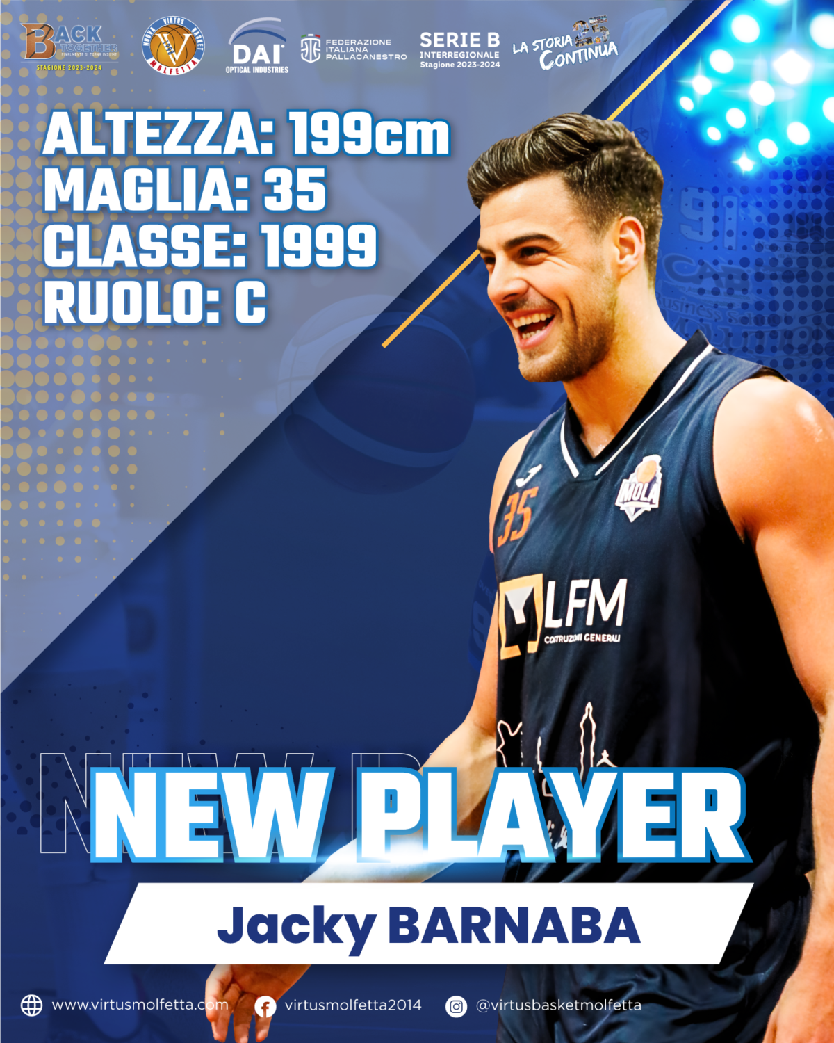 PRIMO COLPO DI MERCATO DELLA VIRTUS BASKET MOLFETTA. ARRIVA IN BIANCOAZZURRO GIACOMO BARNABA