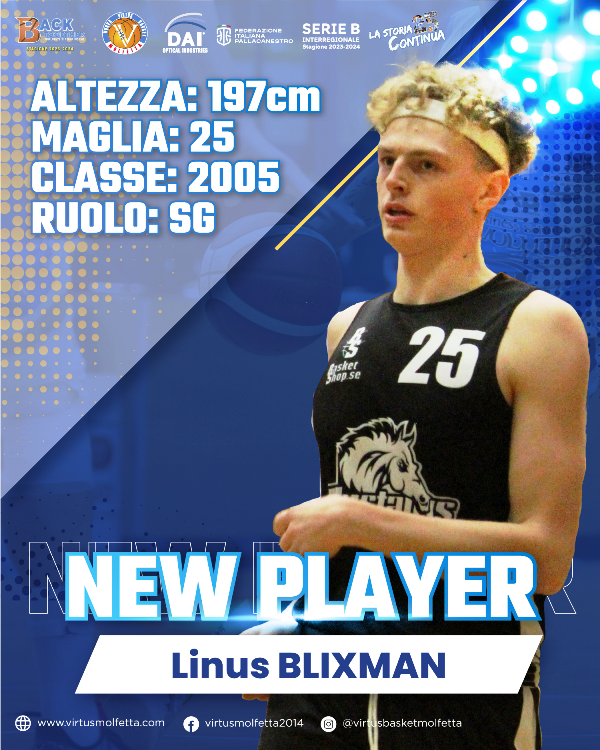 LA GIOVANE PROMESSA DEL BASKET LINUS BLIXMAN VESTIR LA PROSSIMA STAGIONE LA MAGLIA DELLA DAI OPTICAL VIRTUS BASKET MOLFETTA