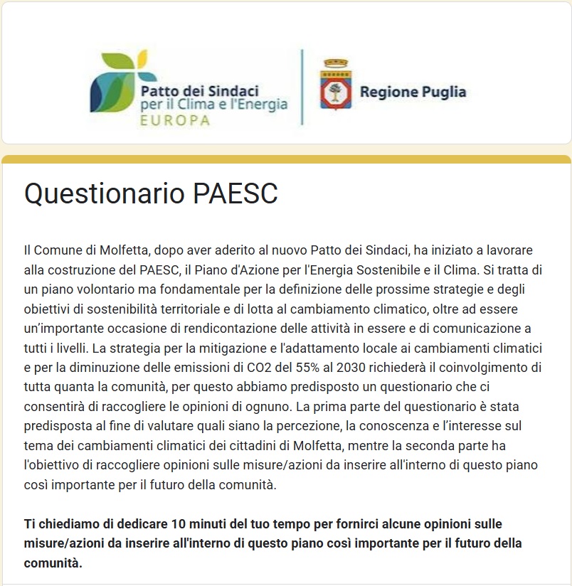 IL COMUNE DI MOLFETTA HA PREDISPOSTO UN QUESTIONARIO PER RACCOGLIERE OPINIONI SU MISURE/AZIONI SUI CAMBIAMENTI CLIMATICI E PER LA DIMINUZIONE DELLE EMISSIONI DI CO2
