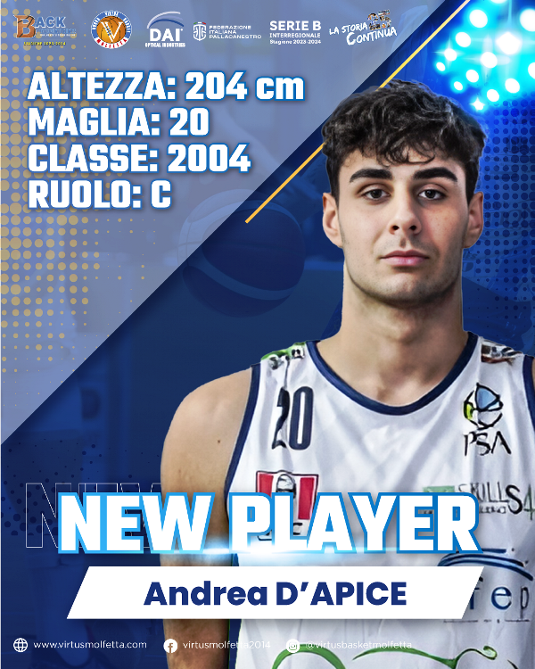 UN ALTRO GIOVANE DI TALENTO SI UNISCE AL ROSTER DELLA VIRTUS BASKET MOLFETTA, IL CENTRO, CLASSE 2004, ANDREA DAPICE