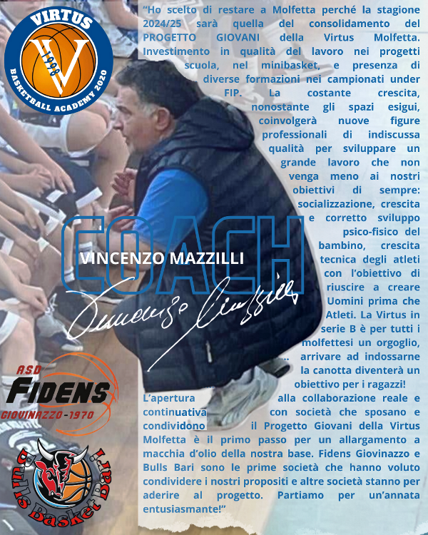 LA DAI OPTICAL VIRTUS BASKET MOLFETTA CONFERMA, ALLA GUIDA DEL SETTORE TECNICO GIOVANILE E DEL MINIBASKET, VINCENZO MAZZILLI