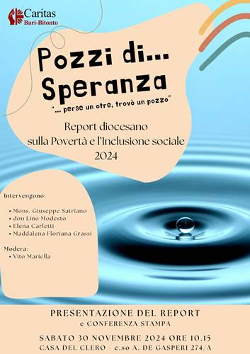LA CARITAS DI BARI-BITONTO PRESENTER SABATO 30 NOVEMBRE, POZZI DI SPERANZA, IL REPORT DIOCESANO 2024 SULLA POVERT ED INCLUSIONE SOCIALE