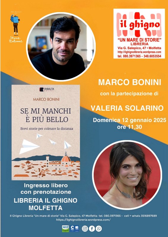 STORIE ITALIANE-IL PRIMO FESTIVAL DI LETTERATURA, RIPARTE DOMENICA 12 GENNAIO CON LA PRESENTAZIONE DEL LIBRO DELLATTORE MARCO BONINI: SE MI MANCHI  PI BELLO