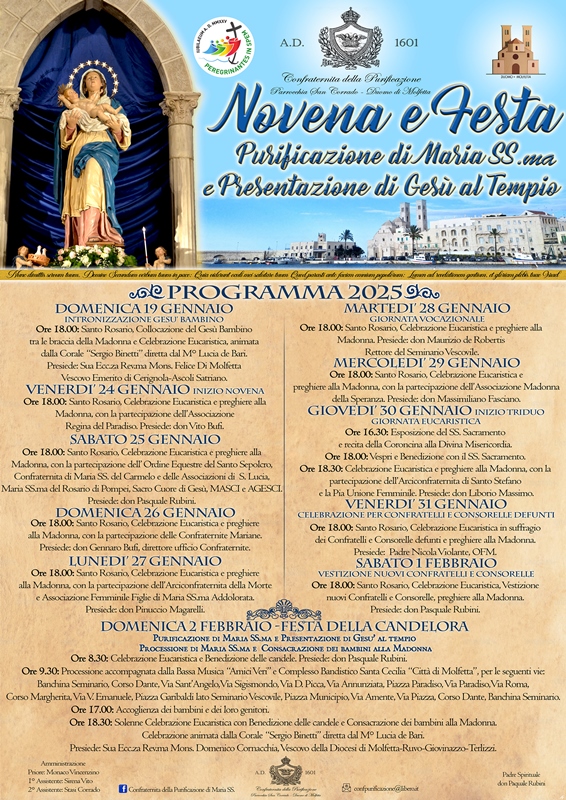 INIZIER VENERD 24 GENNAIO LA NOVENA IN PREPARAZIONE ALLA FESTA DELLA PURIFICAZIONE DI MARIA SS.MA E PRESENTAZIONE DI GES AL TEMPIO
