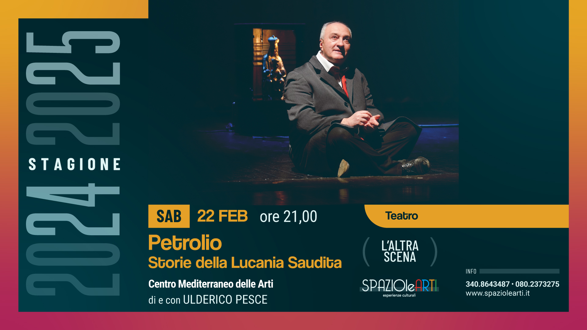 PROSEGUE LA STAGIONE DI PROSA LALTRA SCENA A SPAZIOLEARTI CON LO SPETTACOLO PETROLIO, STORIE DELLA LUCANIA SAUDITA DI ULDERICO PESCE