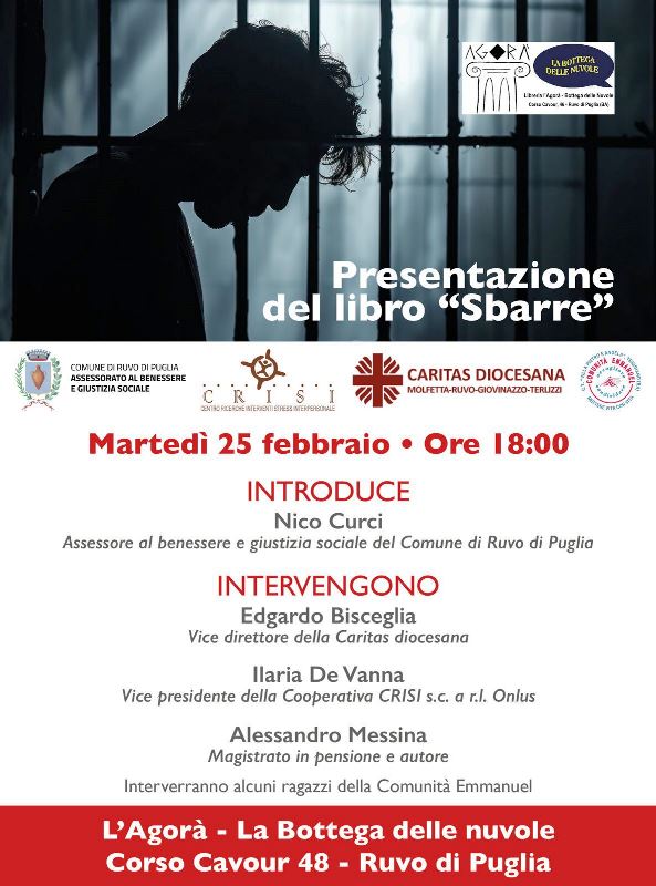 SANDRO MESSINA, LEX MAGISTRATO ANTIMAFIA, PRESENTA A RUVO DI PUGLIA PRESSO LA LIBRERIA AGOR  BOTTEGHE DELLE NUVOLE, IL LIBRO SBARRE