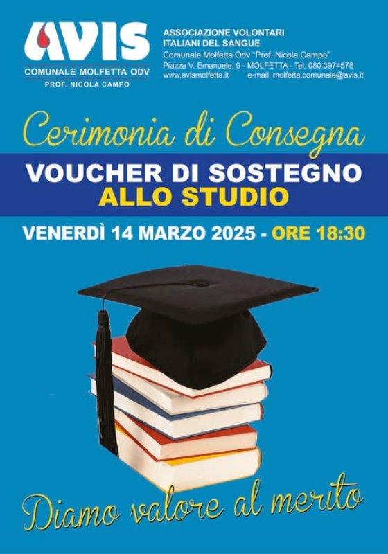 VENERD 14 MARZO SARANNO PREMIATI GLI STUDENTI PI MERITEVOLI DIPLOMATI NELL'A.S. 2023-2024, SOCI AVIS MOLFETTA