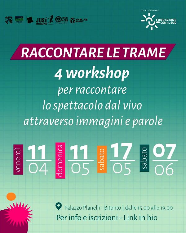 LA COOPERATIVA CAMERA A SUD DI MOLFETTA PROPONE QUATTRO WORKSHOP PER RACCONTARE LO SPETTACOLO DAL VIVO ATTRAVERSO IMMAGINI E PAROLE