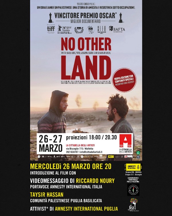 SAR PROIETTATO ALLA CITTADELLA DEGLI ARTISTI DI MOLFETTA, MERCOLED 26 E GIOVED 27 MARZO, IL DOCUMENTARIO VINCITORE DELL'OSCAR 2025 NO OTHER LAND
