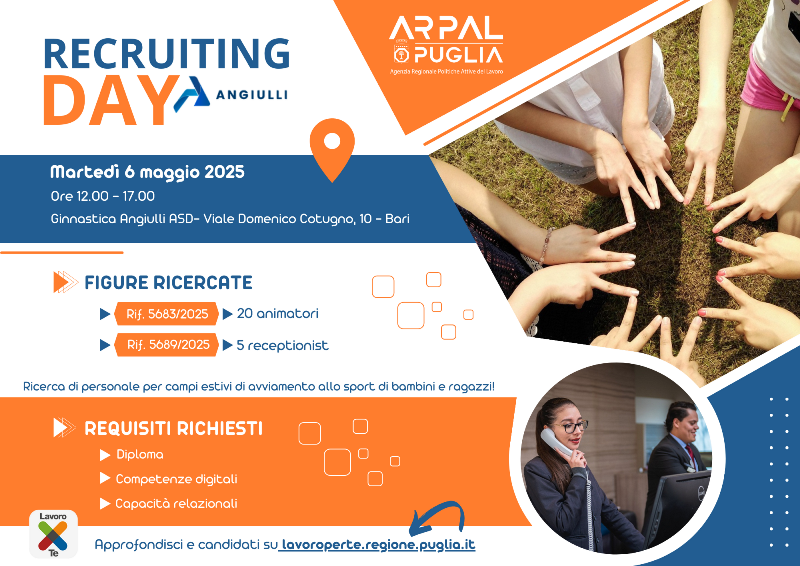 RECRUITING DAY ARPAL PUGLIA PER LA SOCIET GINNASTICA ANGIULLI: SELEZIONE DI ANIMATORI E RECEPTIONIST