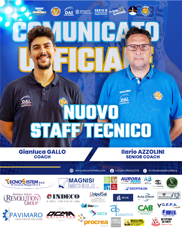 AFFIDATA A GIANLUCA GALLO E ILARIO AZZOLLINI LA GUIDA TECNICA DELLA VIRTUS BASKET MOLFETTA PER LA PROSSIMA STAGIONE