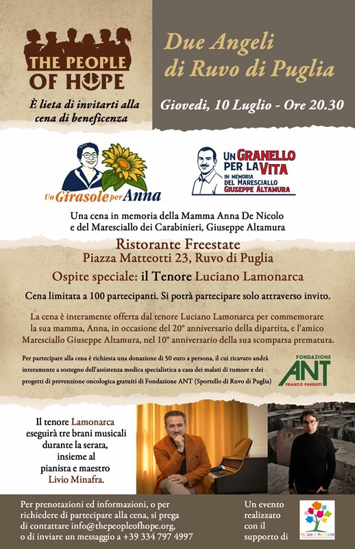 UNA CENA DI BENEFICENZA, SPONSORIZZATA DAL TENORE LUCIANO LAMONARCA IN SUPPORTO DELLA FONDAZIONE ANT (ASSOCIAZIONE NAZIONALE TUMORI) PER RICORDARE DUE ANGELI DI RUVO DI PUGLIA