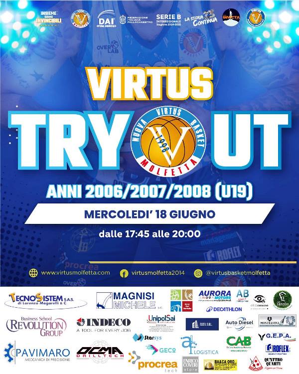 LA VIRTUS BASKET MOLFETTA ORGANIZZA UNA GIORNATA APERTA A TUTTI I GIOVANI DELLE ANNATE 2006, 2007 E 2008 (U19) CHE VOGLIONO AVVICINARSI AL BASKET