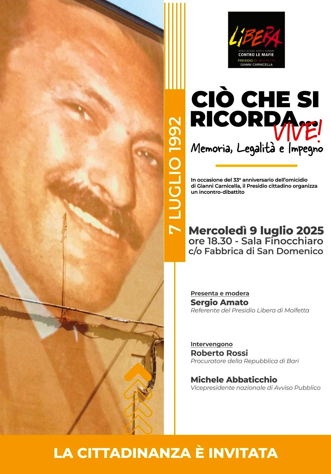 33 ANNIVERSARIO DELL'UCCISIONE DI GIANNI CARNICELLA, L'INIZIATIVA DI LIBERA
