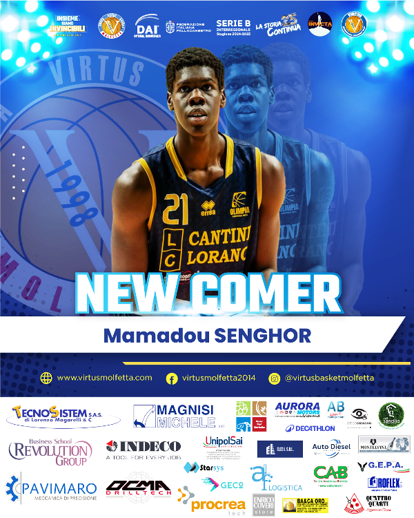 NUOVO INNESTO NELLA DAI OPTICAL VIRTUS BASKET MOLFETTA. ARRIVA IN BIANCOAZZURRO IL CENTRO MAMADOU SENGHOR