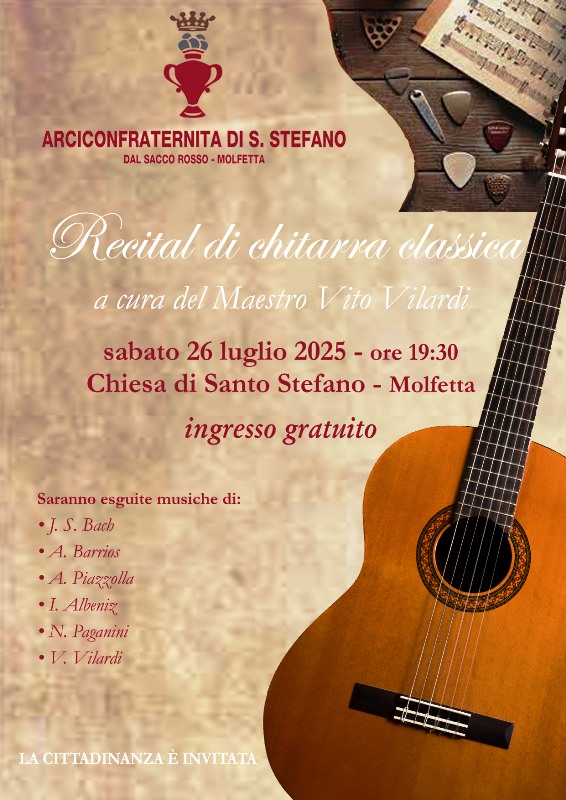 UN RECITAL DI CHITARRA NELLA CHIESA DI SANTO STEFANO SABATO 26 LUGLIO