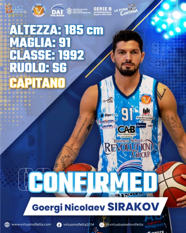 CONTRATTO RINNOVATO PER GEORGI SIRAKOV CHE SI CONFERMA CAPITANO DELLA DAI OPTICAL VIRTUS BASKET MOLFETTA ANCHE PER LA PROSSIMA STAGIONE