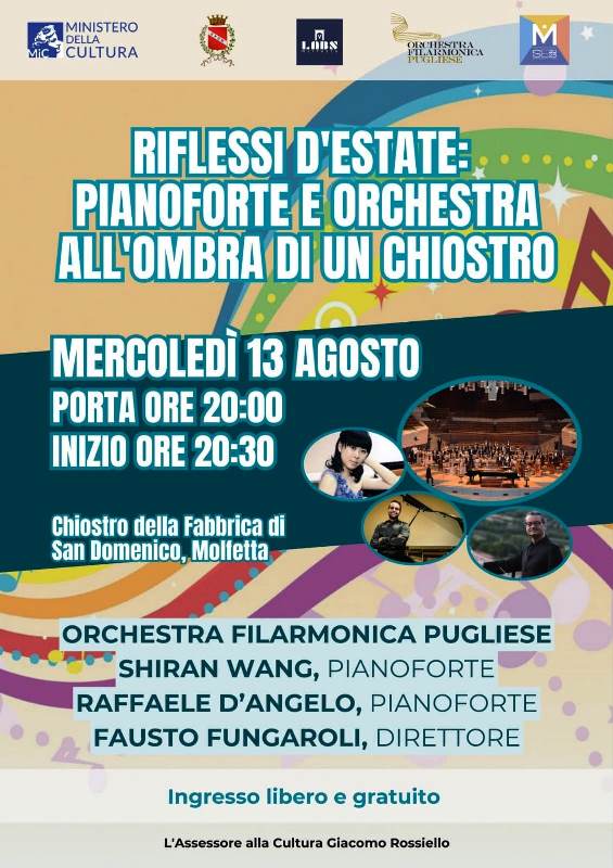 APPUNTAMENTO MUSICALE CON LORCHESTRA FILARMONICA PUGLIESE, CON INGRESSO LIBERO, QUESTA SERA AL CHIOSTRO DELLA FABBRICA DI SAN DOMENICO