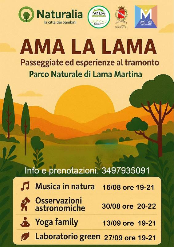 SABATO 16 AGOSTO PRIMO APPUNTAMENTO DEL CARTELLONE DI EVENTI AMA LA LAMA AL PARCO NATURALE DI LAMA MARTINA A MOLFETTA