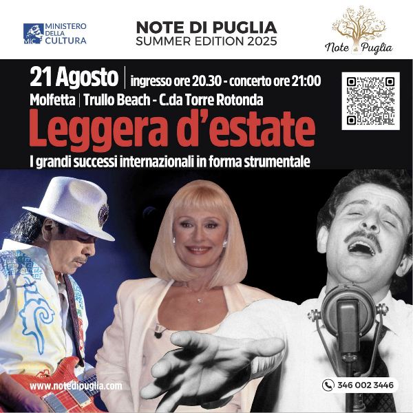 PER LA RASSEGNA NOTE DI PUGLIA SUMMER EDITION, CONCERTO DELLORCHESTRA DI FIATI DAL TITOLO LEGGERA DESTATE  I GRANDI SUCCESSI IN FORMA STRUMENTALE
